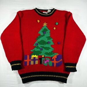Vintage 1980s Far & Near Red Christmas Tree Sweater Korea Acrylic Holiday Knit